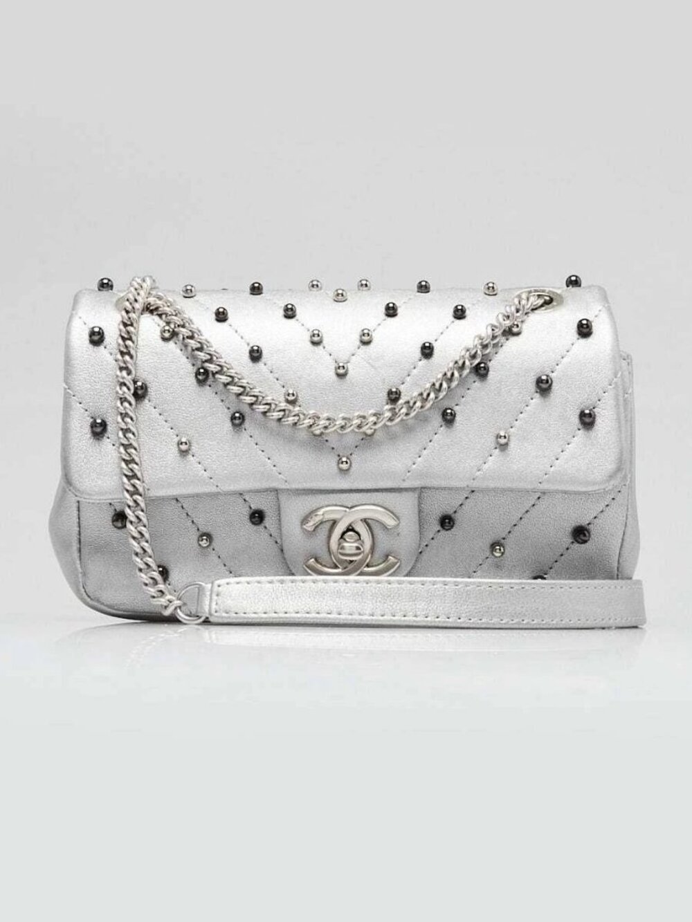 Chanel Silver Chevron Quilted Leather Studded Rectangular Mini Flap Bag